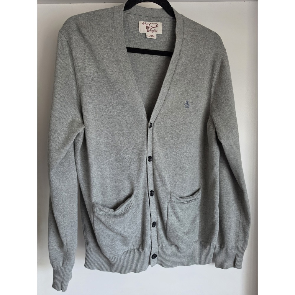Original Penguin Men Cardigan L Gray Solid Long Sleeve Sweater Grandpacore